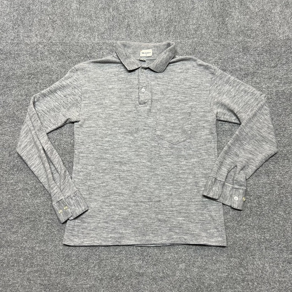 Vintage Medalist Polo Shirt Mens Medium Gray Knit Orlon Wool Long Sleeve Pocket